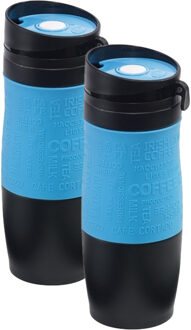 Koffie Thermosbeker/warmhoudbeker - 2x - blauw/zwart - 380 ml - isoleerbeker/reisbeker