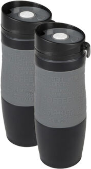 Koffie Thermosbeker/warmhoudbeker - 2x - grijs/zwart - 380 ml - isoleerbeker/reisbeker