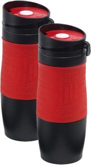 Koffie Thermosbeker/warmhoudbeker - 2x - rood/zwart - 380 ml - isoleerbeker/reisbeker