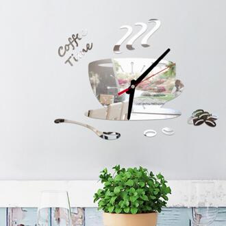 Koffie Vorm Wandklok Verwijderbare Diy Acryl 3D Spiegel Muursticker Decoratieve Klok Art Horloge Quartz Rondbreinaald Klokken # M zilver