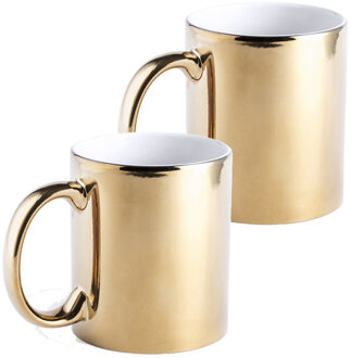 Koffiebeker/theemok - 2x - Metallic goud - keramisch - 350 ml - Servies - Bekers/mokken