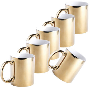 Koffiebeker/theemok - 6x - Metallic goud - keramisch - 350 ml - Servies - Bekers/mokken