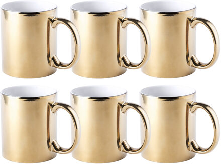 Koffiebeker/theemok - 6x - Metallic goud - keramisch - 350 ml - Servies - Bekers/mokken