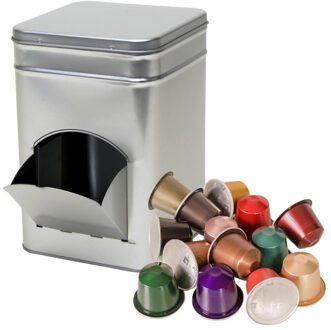 Koffiecups bewaarblik met dispenser - zilver - 14 x 14 x 21 cm - metaal - met deksel