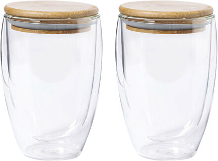 Koffieglazen - dubbelwandig - 2x stuks - 350 ml - met bamboe deksel - thermische glazen