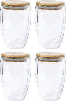 Koffieglazen - dubbelwandig - 4x stuks - 350 ml - met bamboe deksel - thermische glazen