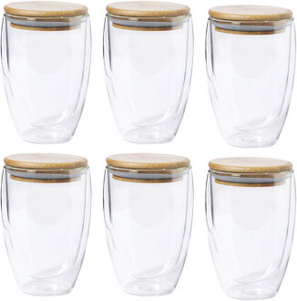 Koffieglazen - dubbelwandig - 6x stuks - 350 ml - met bamboe deksel - thermische glazen