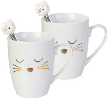 Koffiemok met lepel Catwoman - 2x - Katten/Poezen liefhebbers - Keramiek - wit - 350 ml - 8 x 11 cm