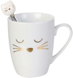 Koffiemok met lepel Catwoman - Katten/Poezen liefhebbers - wit - 350ml