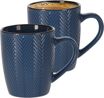 Koffiemok/theemok - 2x - Fishbone - blauw - 370 ml - mokken - keramiek