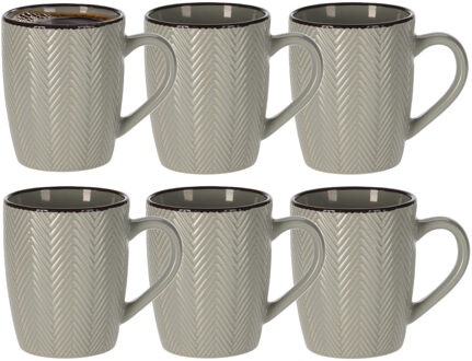Koffiemok/theemok - 6x - Fishbone - lichtgrijs - 370 ml - mokken - keramiek