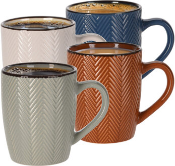 koffiemok/theemok Fishbone - 4x stuks - met oor - 370 ml - keramiek