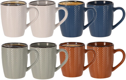 koffiemok/theemok Fishbone - 8x stuks - met oor - 370 ml - keramiek