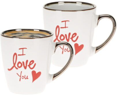 Koffiemok / theemok I Love You - 2x - wit/goud - 300 ml - mokken - aardewerk - valentijnsdag