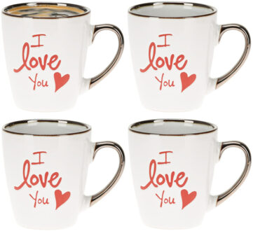 Koffiemok / theemok I Love You - 4x - wit/goud - 300 ml - mokken - aardewerk - valentijnsdag