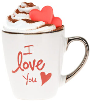 Koffiemok / theemok I Love You - wit/goud - 300 ml - mokken - aardewerk - valentijnsdag