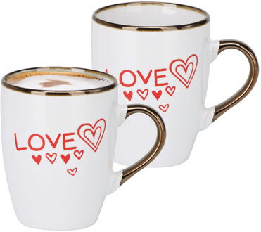 Koffiemok / theemok Love - 2x - wit/goud - 300 ml - mokken - aardewerk - valentijnsdag