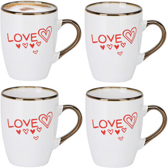 Koffiemok / theemok Love - 4x - wit/goud - 300 ml - mokken - aardewerk - valentijnsdag