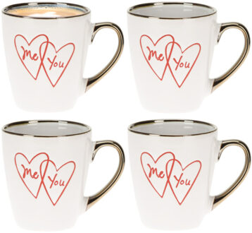 Koffiemok / theemok Me and You - 4x - wit/goud - 300 ml - mokken - aardewerk - valentijnsdag
