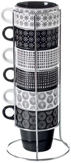 Koffiemokken Artista - 6x stuks in metalen rekje - Keramiek - glans afwerking - 260 ml - 8 x 9 cm