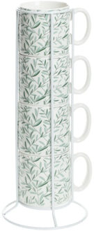 Koffiemokken Botanic - 4x stuks in metalen rekje - Keramiek - 240 ml