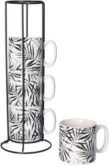 Koffiemokken Botanic - 4x stuks in metalen rekje - Keramiek - 240 ml