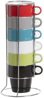 Koffiemokken Colorama - 6x stuks in metalen rekje - Keramiek - glans afwerking - 260 ml - 8 x 9 cm