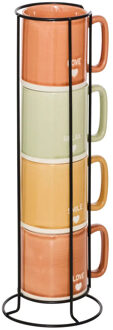 Koffiemokken Earth - 4x stuks in metalen rekje - Keramiek - glans afwerking - 340 ml - 7 x 9 cm Terracotta bruin
