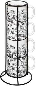 Koffiemokken Flowers - 4x stuks in metalen rekje - Keramiek - glans afwerking - 240 ml - 7 x 8 cm