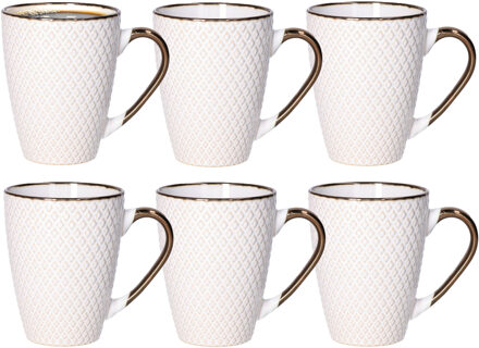 Koffiemokken Harlekijn - 10x stuks - Keramiek - wit/goud - 300 ml - 8 x 11 cm