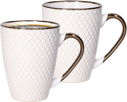 Koffiemokken Harlekijn - 2x stuks - Keramiek - wit/goud - 300 ml - 8 x 11 cm