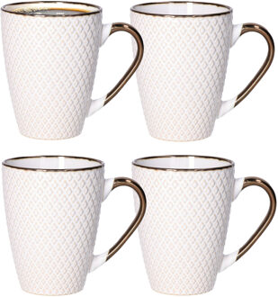 Koffiemokken Harlekijn - 4x stuks - Keramiek - wit/goud - 300 ml - 8 x 11 cm