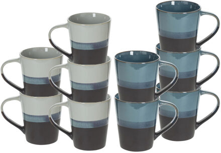 Koffiemokken Lagune - 10x stuks - Keramiek - blauw/grijs - 360 ml - 9 x 10 cm