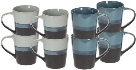 Koffiemokken Lagune - 8x stuks - Keramiek - blauw/grijs - 360 ml - 9 x 10 cm