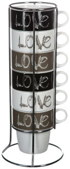 Koffiemokken Love - 6x stuks in metalen rekje - Keramiek - glans afwerking - 260 ml - 8 x 9 cm
