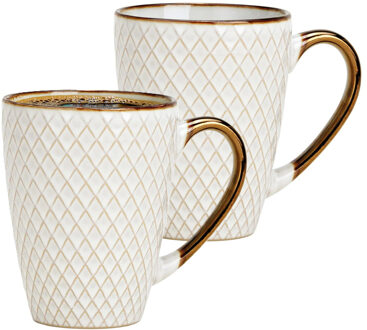 Koffiemokken Marbella - 2x stuks - Keramiek - wit/goud - 300 ml - 8 x 11 cm