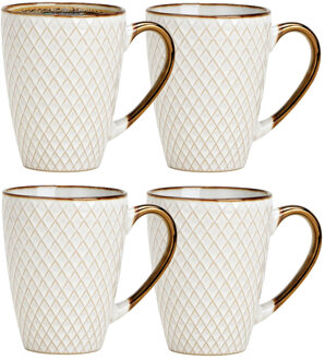 Koffiemokken Marbella - 4x stuks - Keramiek - wit/goud - 300 ml - 8 x 11 cm