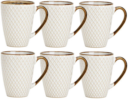 Koffiemokken Marbella - 6x stuks - Keramiek - wit/goud - 300 ml - 8 x 11 cm