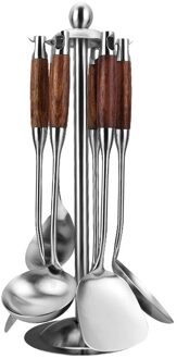 Koken Keukengereedschap Set Met Houder, Keuken Tool Set,304 Roestvrij Staal, Houten Handvat, 7 Stuk