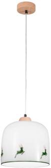 Kolarz Chalet hanglamp, wit/groen hert, Ø 25 cm, glas wit, bruin, groen