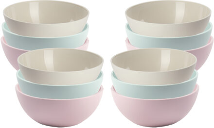 Kommetjes / schaaltjes dessert en ontbijt - 12x stuks - kunststof - D17 x H7 cm - roze/groen/beige