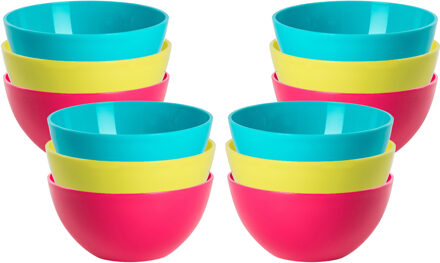 Kommetjes / schaaltjes dessert en ontbijt - 12x stuks - kunststof - D17 x H7 cm - roze/groen/blauw
