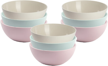 Kommetjes / schaaltjes dessert en ontbijt - 9x stuks - kunststof - D17 x H7 cm - roze/groen/beige