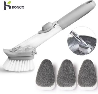 KONCO Handheld Keuken Borstel Set met Zeep Container Dispenser, 4 Vervangbare Zeep Doseren Gootsteen Borstel voor Pan, pot