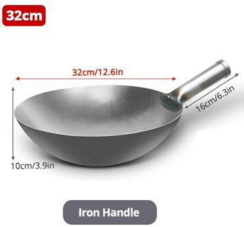 Konco Ijzeren Wok Non Coated Wok Dikker Kok Grote Kookpot Houten Handvat Deksel Huishoudelijke Gas Wok Fornuis Pan Koken 32cm