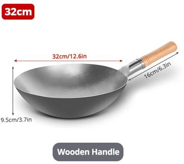 Konco Ijzeren Wok Non Coated Wok Dikker Kok Grote Kookpot Houten Handvat Deksel Huishoudelijke Gas Wok Fornuis Pan Koken Wood 32cm