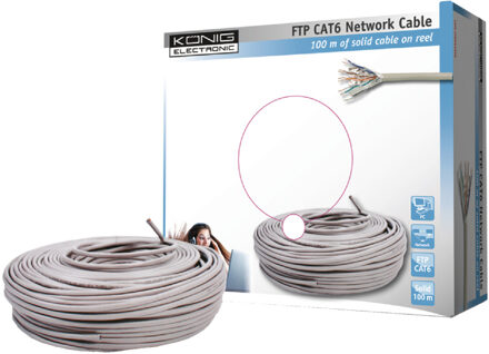 Konig König CAT6 Netwerkkabel op Haspel F/UTP 100 m Grijs Solid