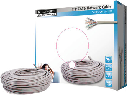 Konig König CAT6 Netwerkkabel op Haspel F/UTP 50.0 m Grijs Solid