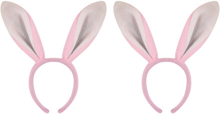 Konijnen/bunny oren - 2x stuks - roze met wit - volwassenen - 28 cm - Feest diadeem konijn/paashaas
