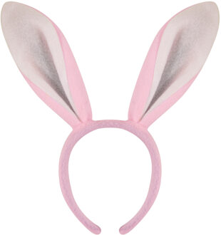 Konijnen/bunny oren - roze met wit - volwassenen - 28 cm